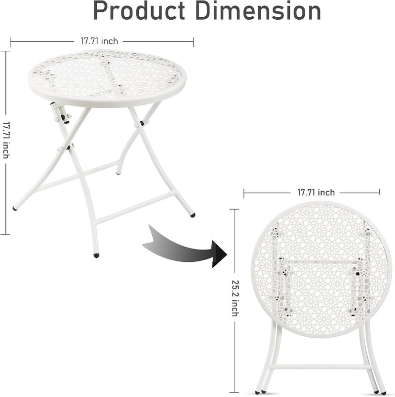 TeoKJ Folding Outdoor Side Tables, Anti Rust Small Patio Table Round Metal Nightstand with Flower Cutouts for Porch Yard Balcony Deck Lawn, White - Image 3
